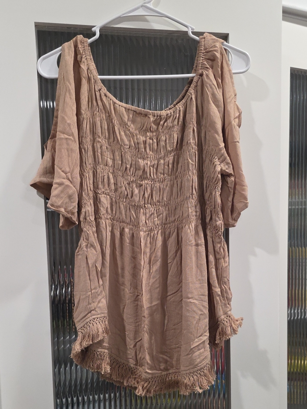 Cato Smocked Fringe-Hem Tunic Top - Taupe